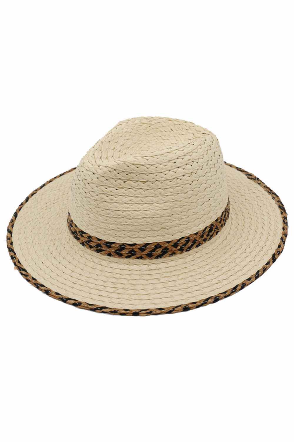 Two Tones Geometric Band with Brim Trim Straw Fedora Sun Hat