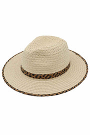 Two Tones Geometric Band with Brim Trim Straw Fedora Sun Hat