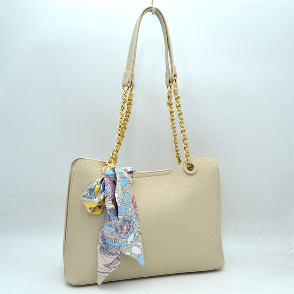 Elegant Textured Tote Bag with Chain Accent and Printed Scarf