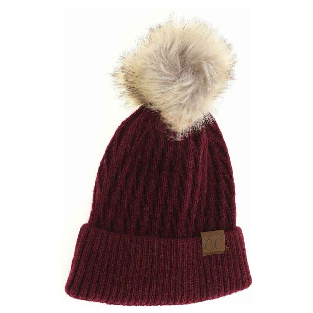 Solid Honey Comb Fur Pom C.C Beanie