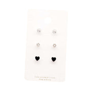 3Pairs - CZ Heart Round Stud Earrings Set