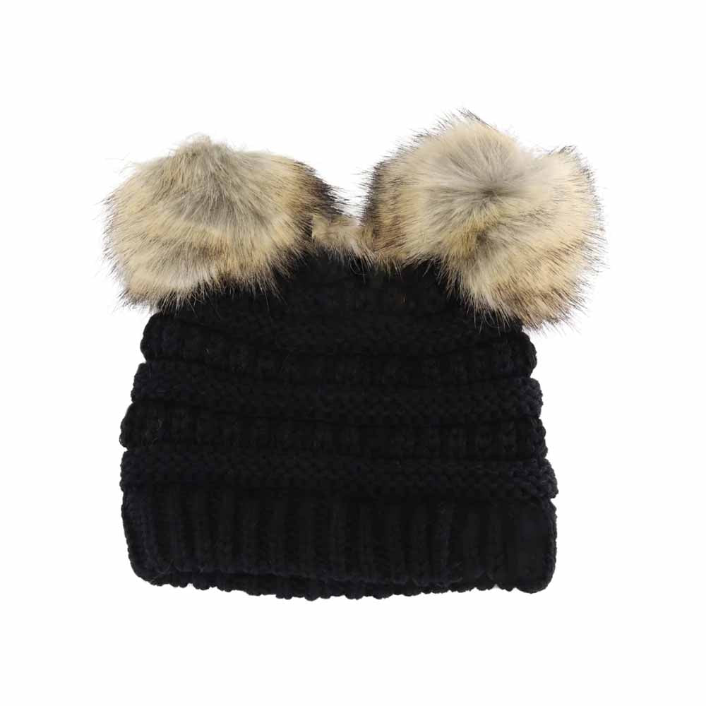 BABY Solid Ribbed Faux Fur Double Pom C.C Beanie