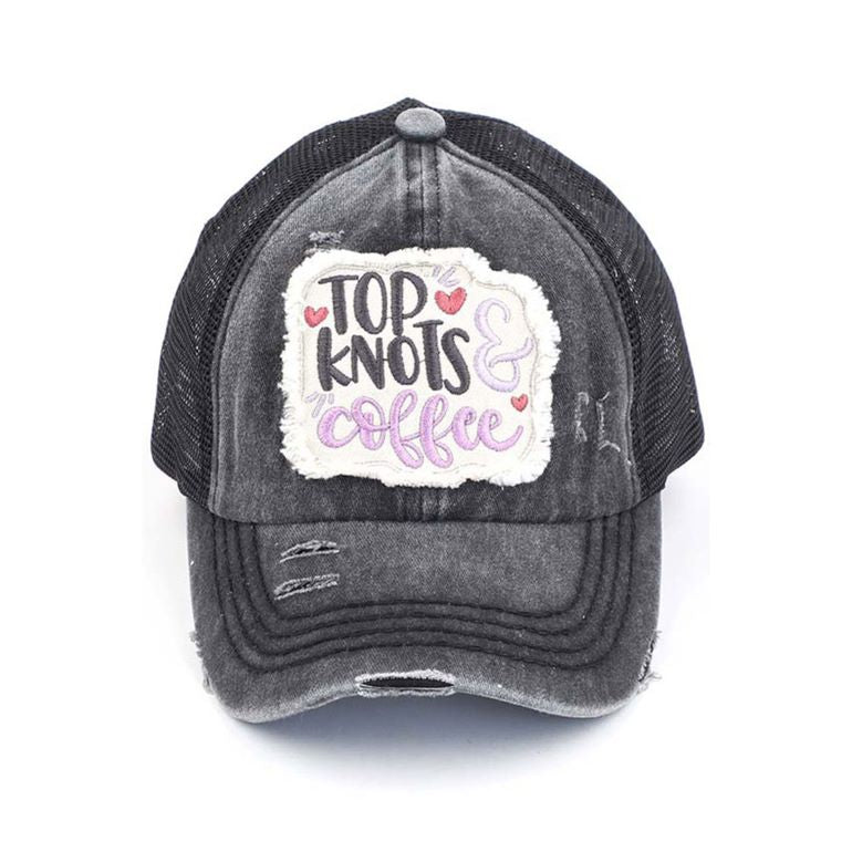 C.C DISTRESSED TOP KNOTS AND COFFEE PATCH PONYCAP