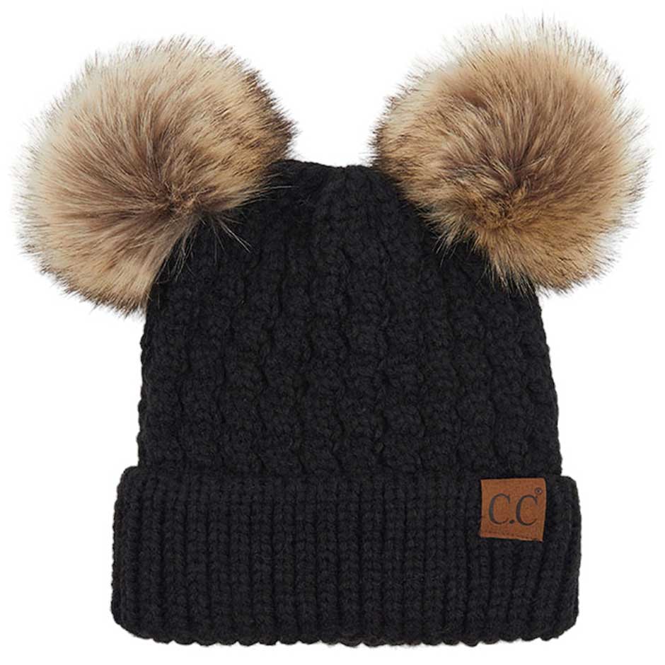 C.C Women's Double Pom All Over Cable Knit Beanie