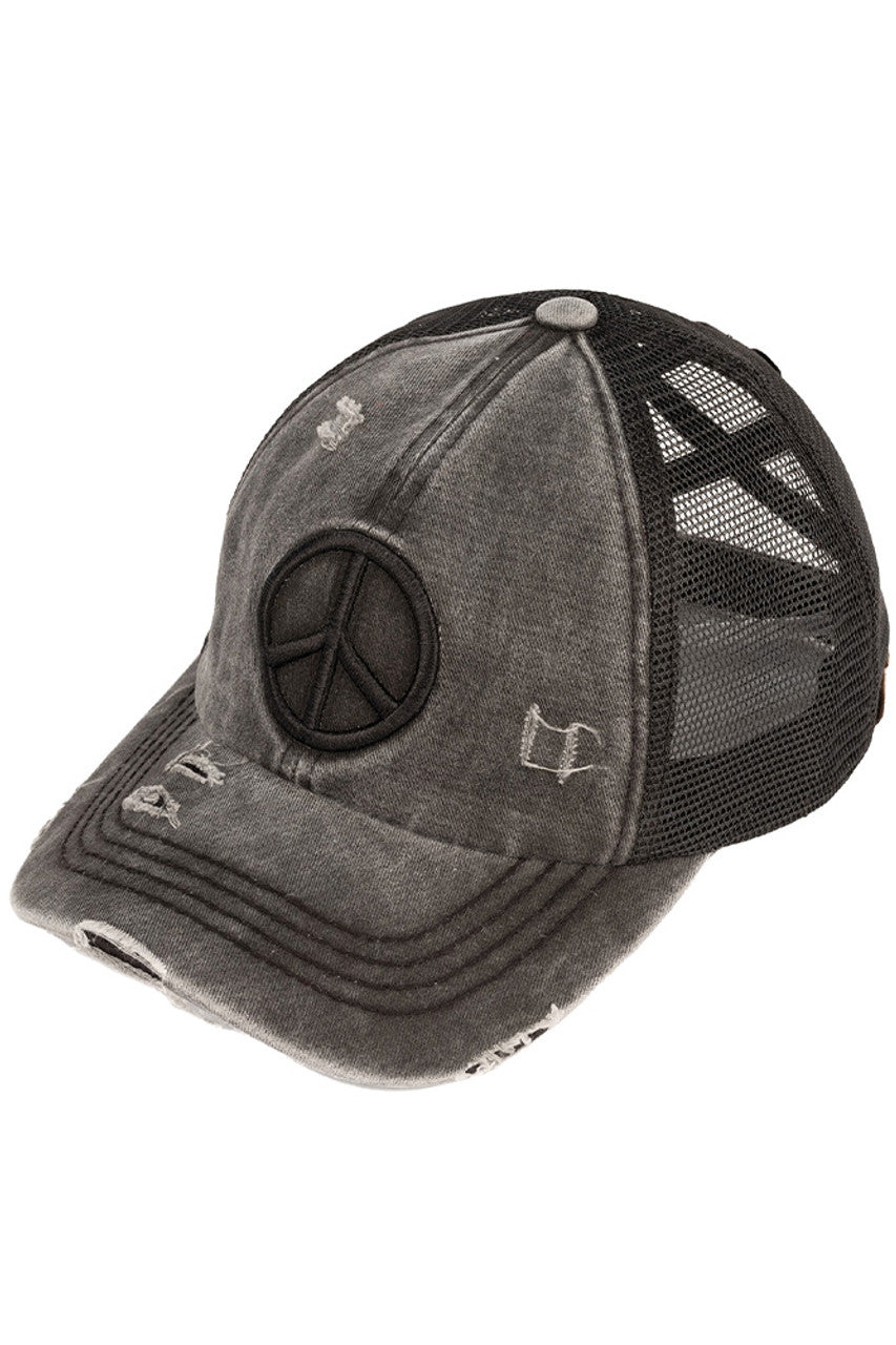 C.C Women's Peace Sign Distressed Ponytail Cap