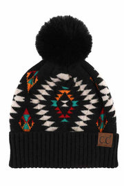 C.C Soft Aztec Pattern Beanie with Faux Fur Pom