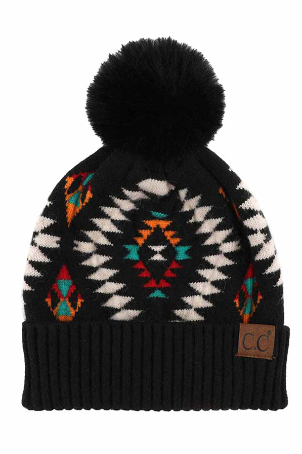 C.C Soft Aztec Pattern Beanie with Faux Fur Pom