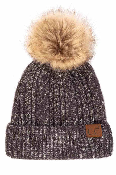 Soft Cuff Cable Knit Fur Pom C.C Beanie