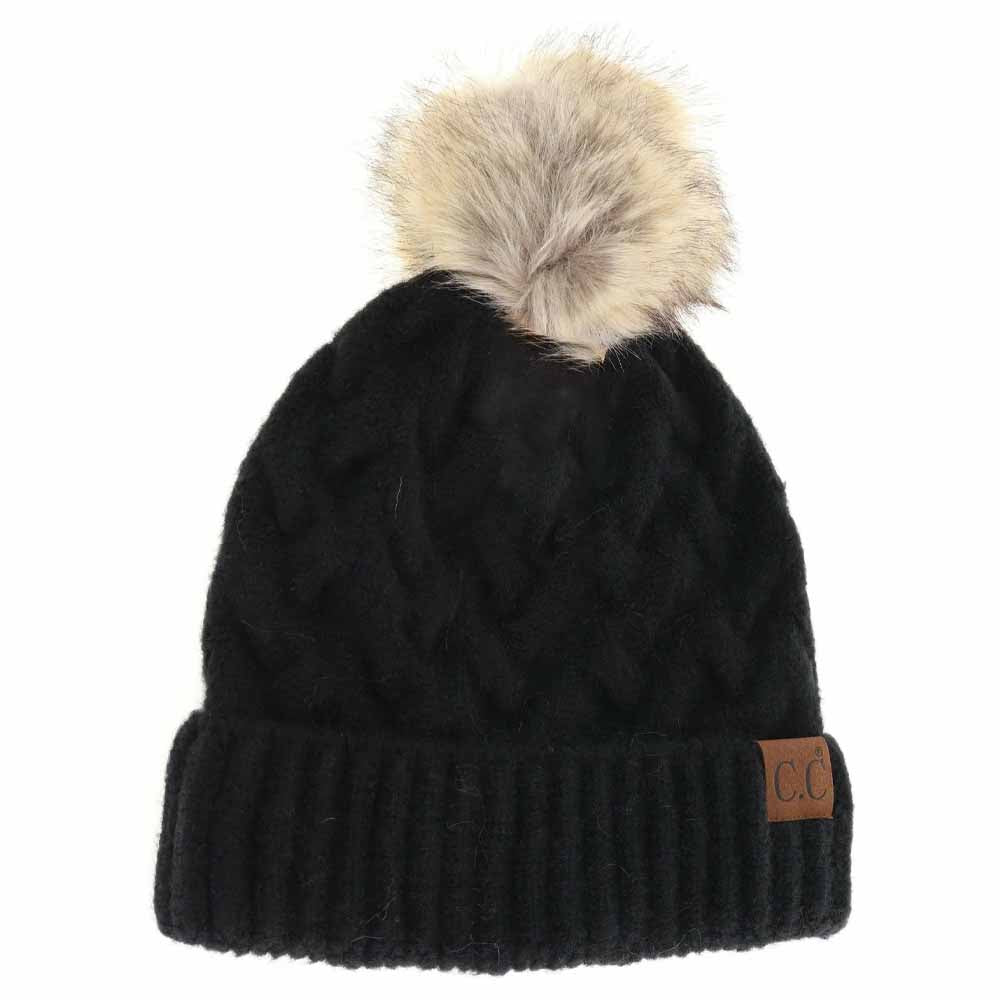 Chunky Braided Cable Knit Fur Pom C.C Beanie