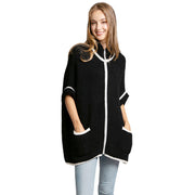 Colored Edge Front Pockets Zipper Cape Ruana Jacket
