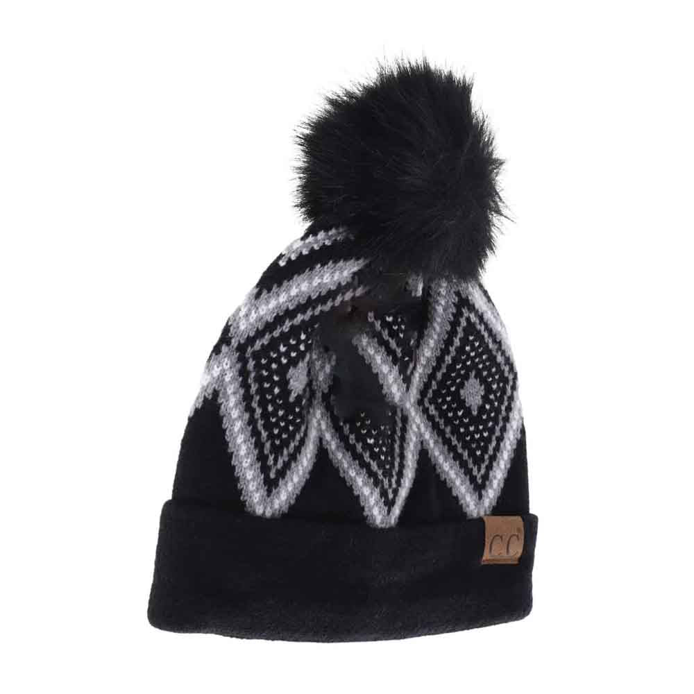Diamond Geometric Pattern Faux Fur Pom C.C Beanie