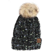 Fuzzy Lined Confetti Knit Fur Pom C.C Beanie