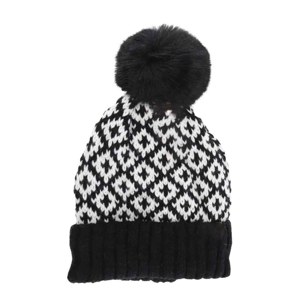 Fuzzy Lined Diamond Patterned Faux Fur Pom C.C Beanie