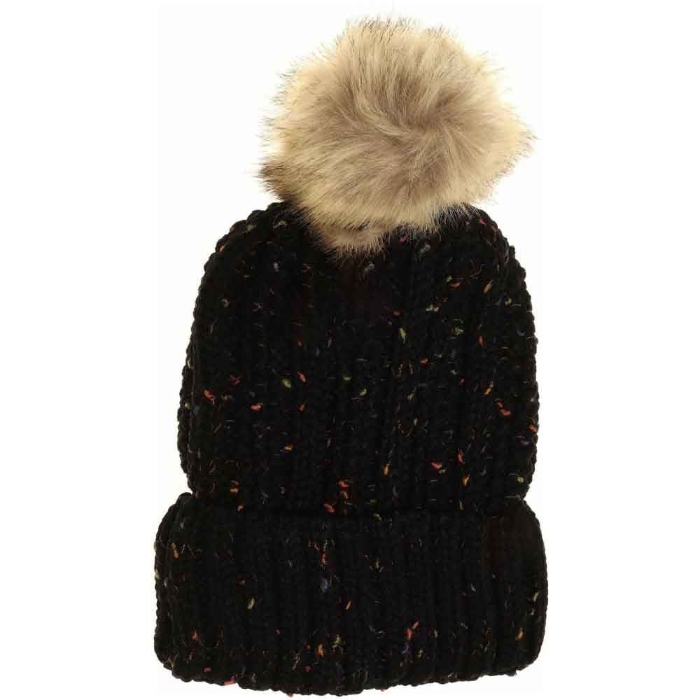 Fuzzy Lined Flecked Fur Pom C.C Beanie