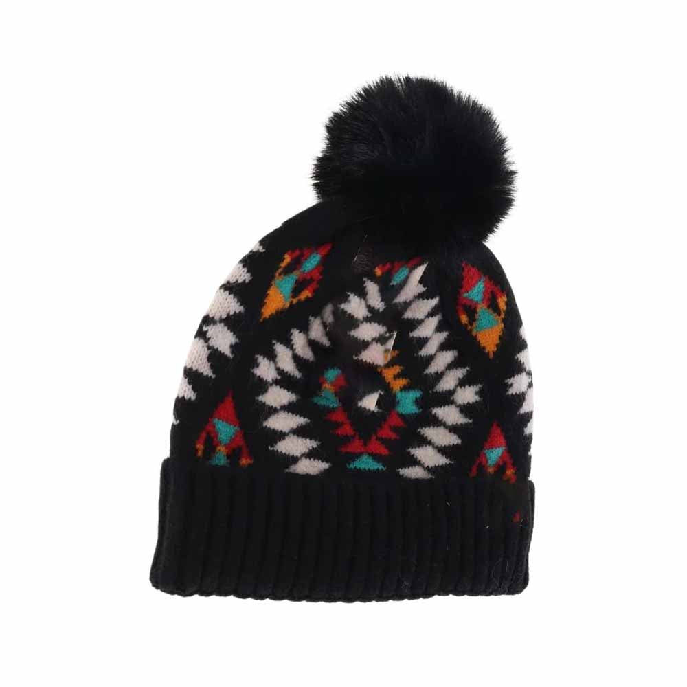 KIDS Aztec Patterned Faux Fur Pom C.C Beanie