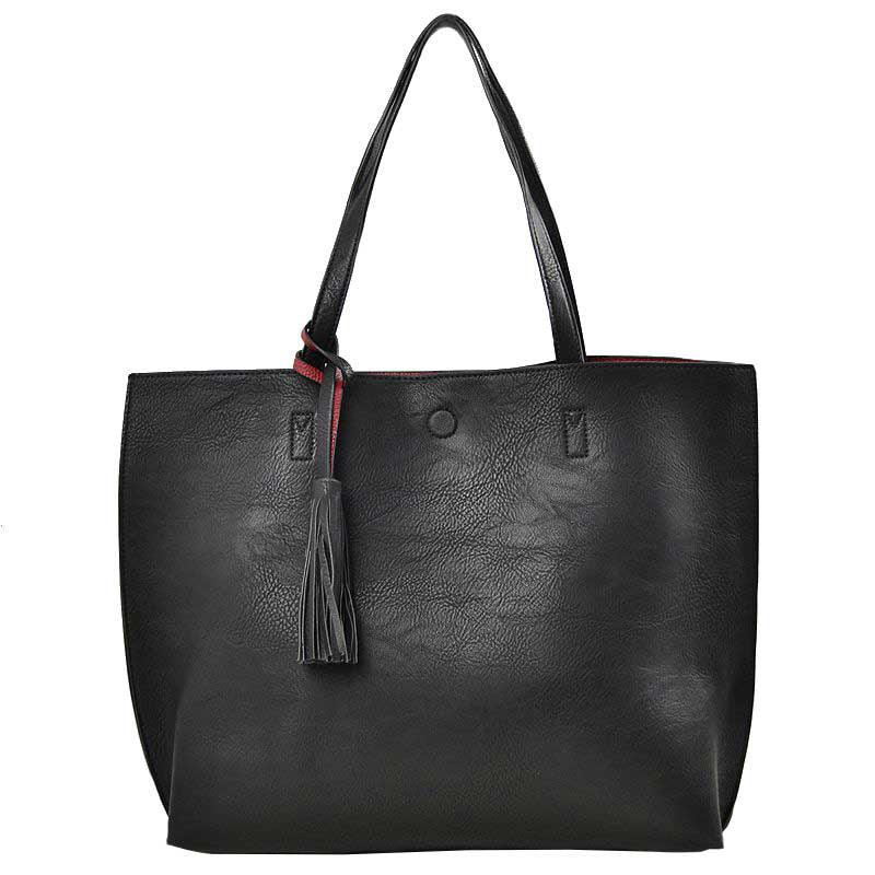 Reversible Faux Leather Tote Bag Vegan Tassel Handbag