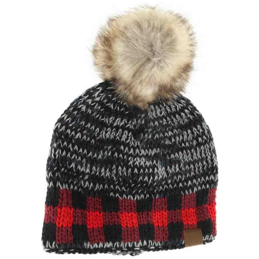 Buffalo Check Mixed Print Fur Pom C.C Beanie