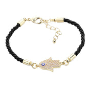 Rhinestone Embellished Detailed Hamsa Hand Enamel Evil Eye Adjustable Charm Bracelet