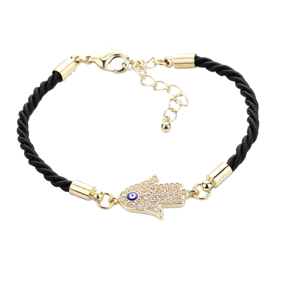 Rhinestone Embellished Detailed Hamsa Hand Enamel Evil Eye Adjustable Charm Bracelet