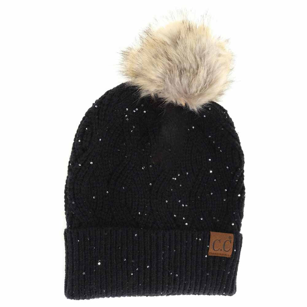Sequin Brioche Cable Knit Fur Pom C.C Beanie