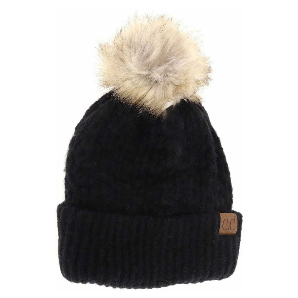 Solid Smocked Stitch Fur Pom C.C Beanie