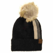 Striped Fur Knitted Pom C.C Beanie