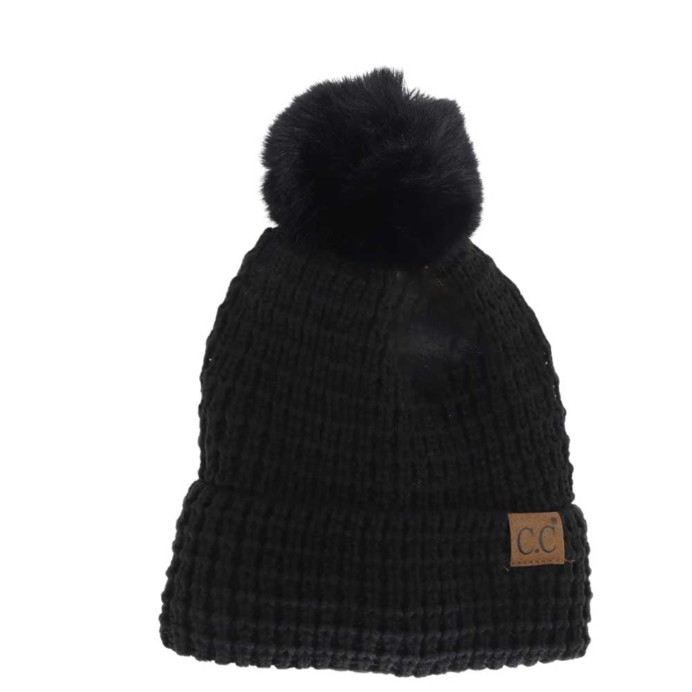 Waffle Knit Faux Fur Pom C.C Beanie