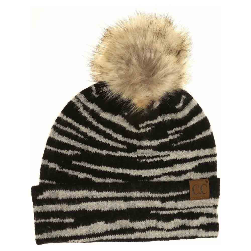 Zebra Pattern Faux Fur Pom C.C Beanie