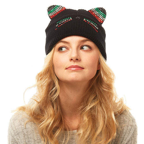 Crystal Embellished Cat Ear Beanie Hat