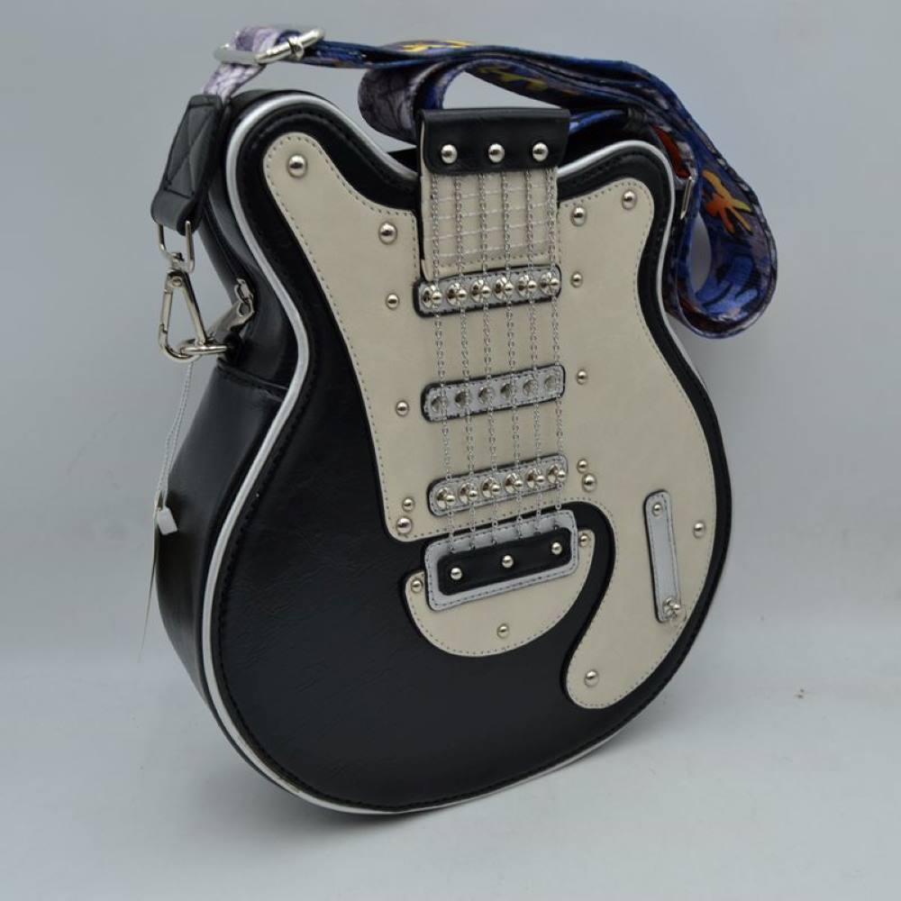Guitar Shaped Novelty Crossbody Bag with Printed Fabric Strap