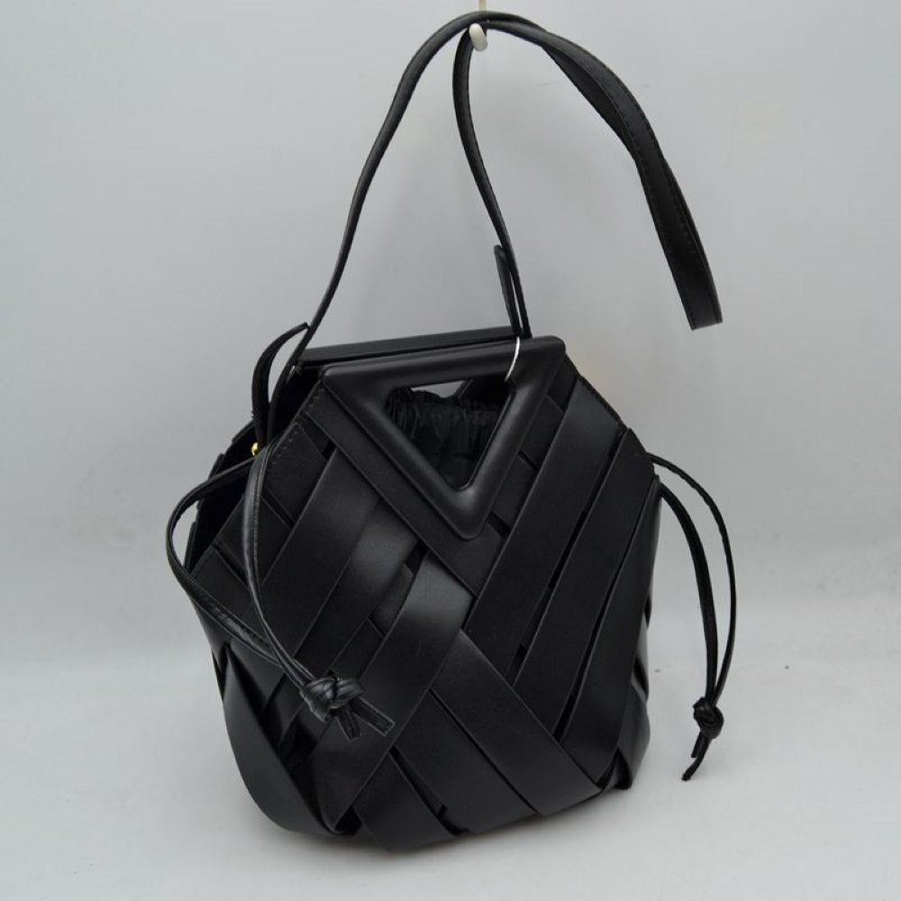Geometric Wide Weave Bucket Bag with Triangular Top Handle