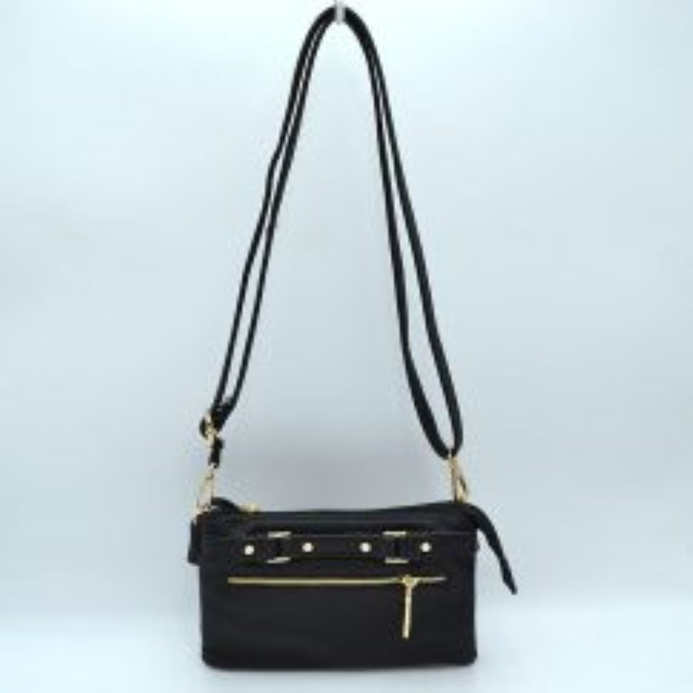 Multi-Zipper Crossbody Bag with Adjustable Strap and Gold Hardware