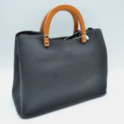 Structured Tote Bag with Contrast Wooden Handles