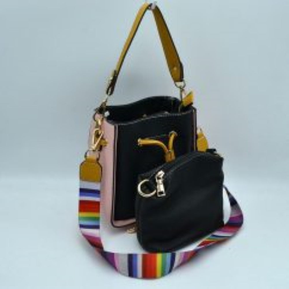 Color-Block Drawstring Bucket Bag with Multi-Strap Options