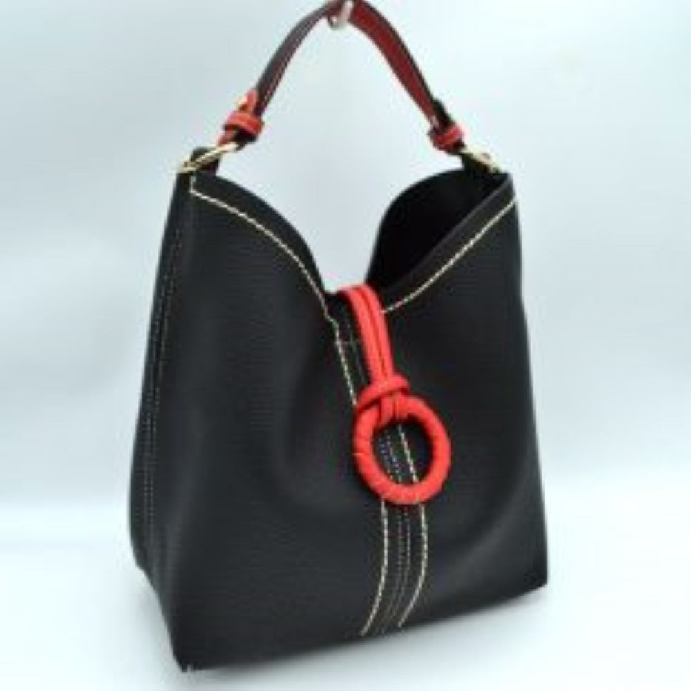 Pebbled Bucket Bag with Contrast Ring Accent and Top Handle