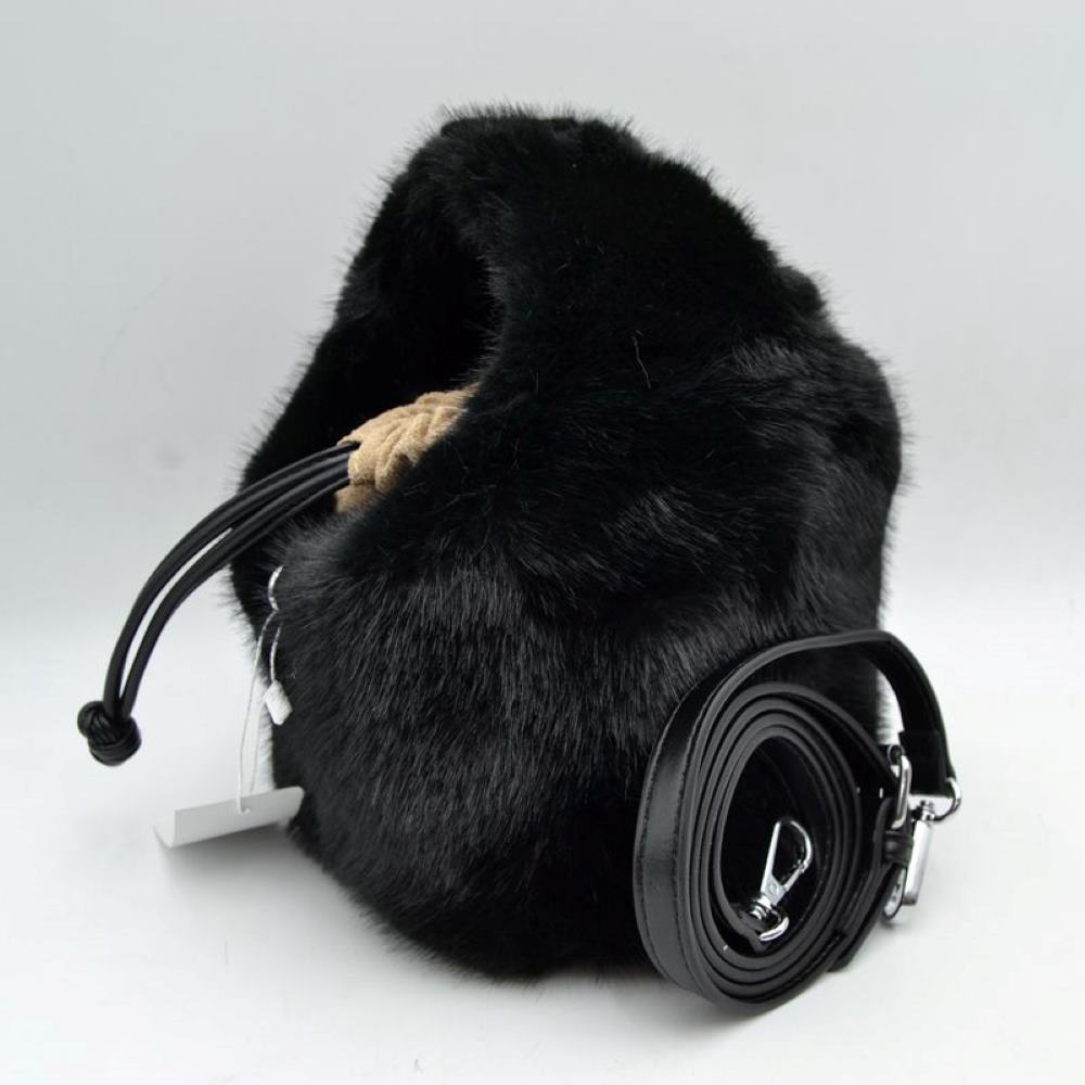 Plush Faux Fur Bucket Handbag with Drawstring and Removable Strap