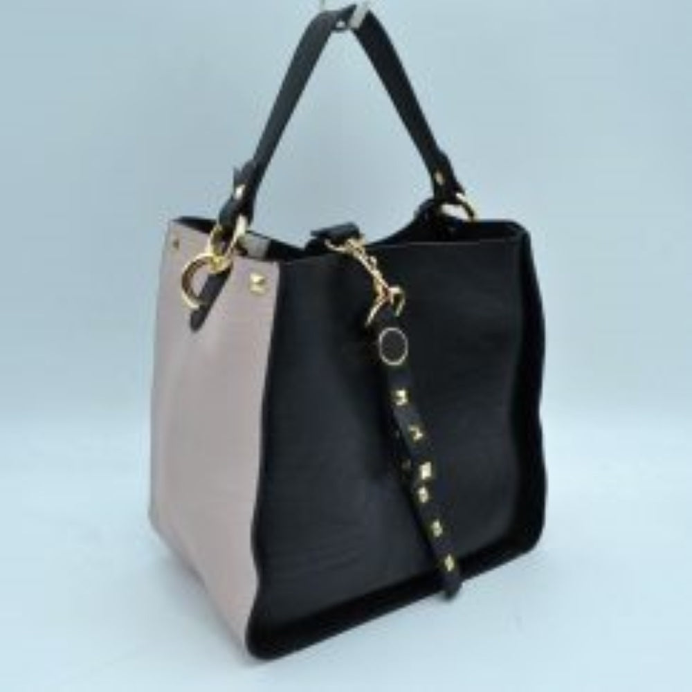 Studded Two-Tone Bucket Bag with Top Handle and Decorative Strap