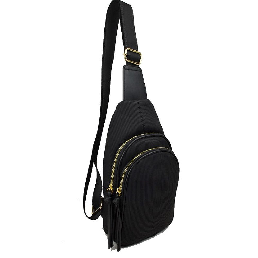 Ribbed Sling Bag with Tiered Zippers and Tassel Pulls