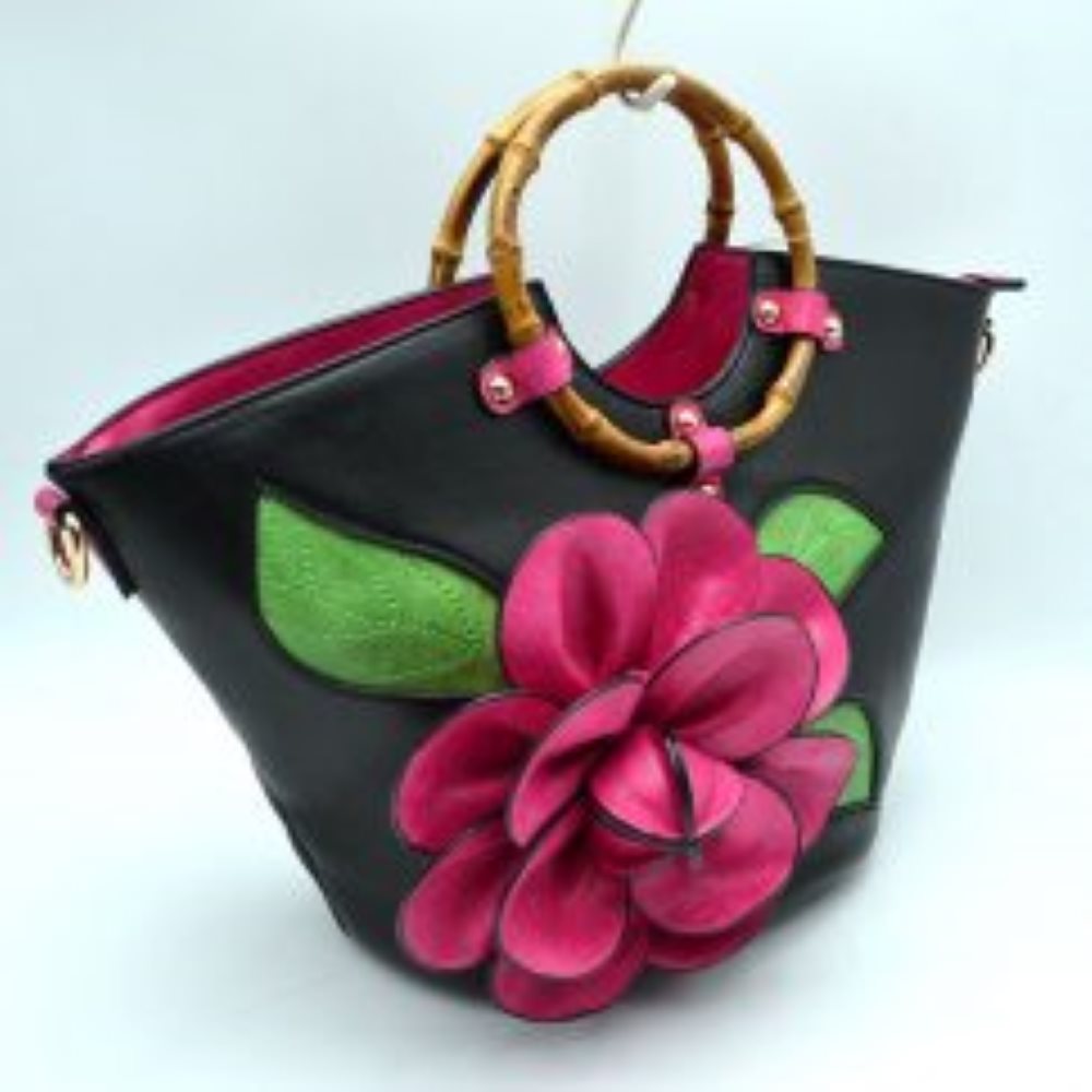 Floral Applique Tote Bag with Segmented Round Top Handles