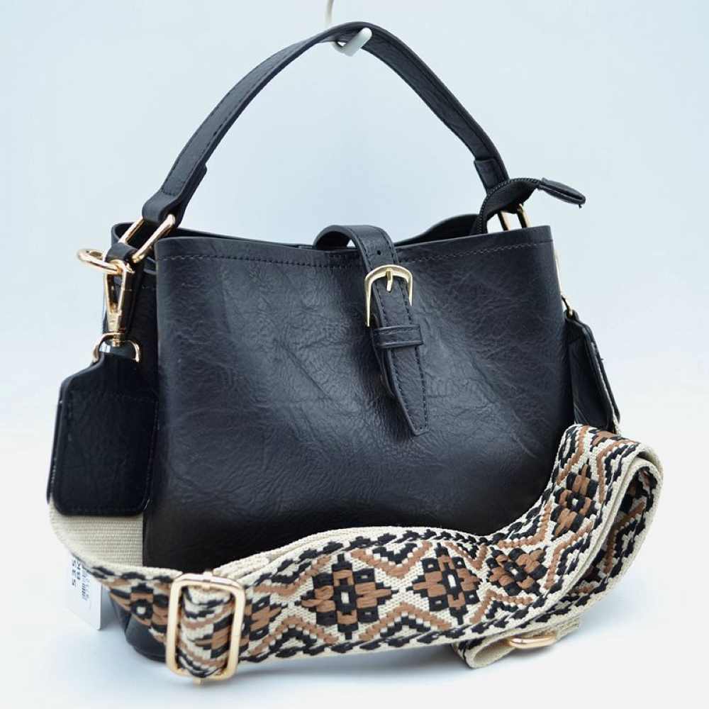Buckle Strap Bucket Bag with Patterned Crossbody Strap