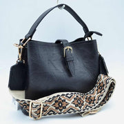 Buckle Strap Bucket Bag with Patterned Crossbody Strap