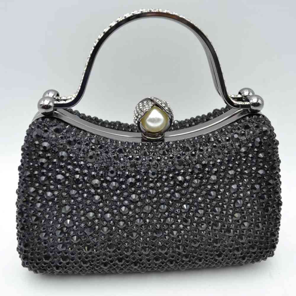 Rhinestone Encrusted Evening Clutch Bag with Pearl Clasp and Metal Handle