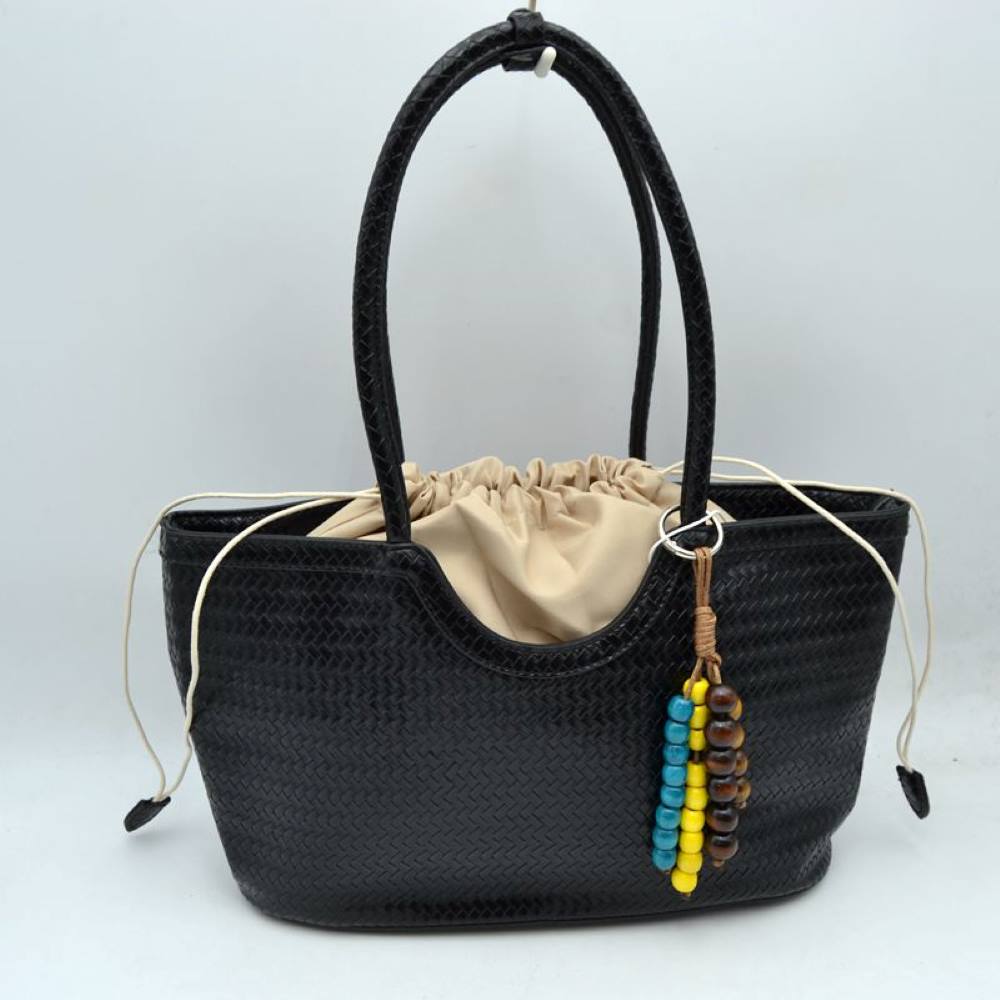 Woven Scoop-Top Tote Bag with Drawstring Lining and Beaded Charm