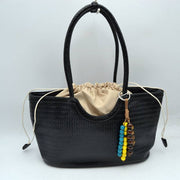 Woven Scoop-Top Tote Bag with Drawstring Lining and Beaded Charm