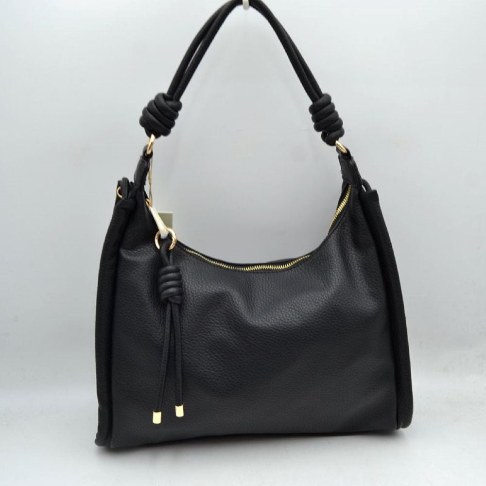 Slouchy Hobo Shoulder Bag with Knotted Strap Details and Gold-Tone Zipper Hardware