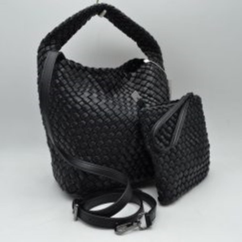 Woven Hobo Bag with Integrated Top Handle and Matching Pouch