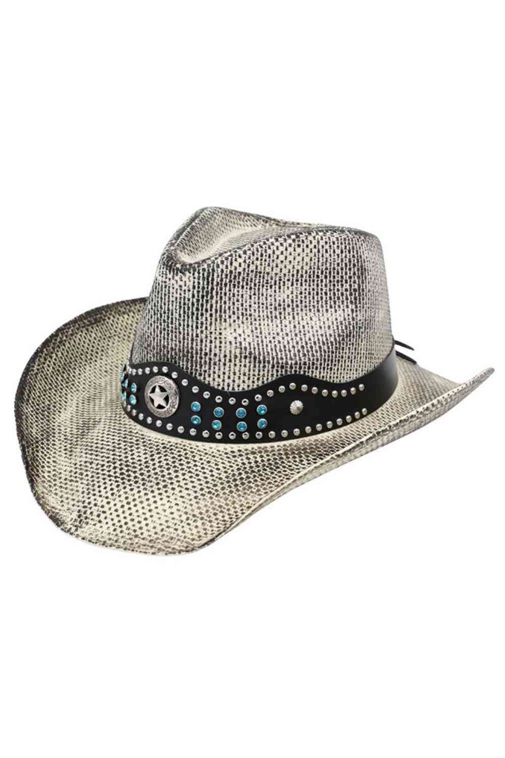 Bead and Studs Faux Leather Band Rustic Straw Cowboy Hat
