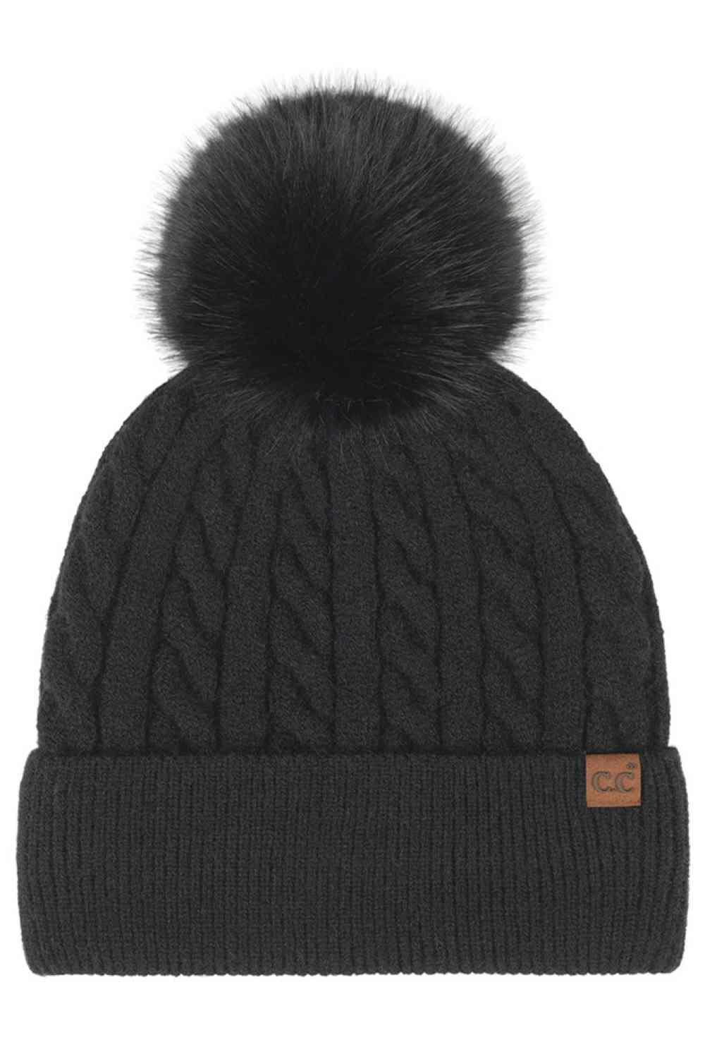 C.C Cable Knit Pattern Pom and Cuff Beanie Hat