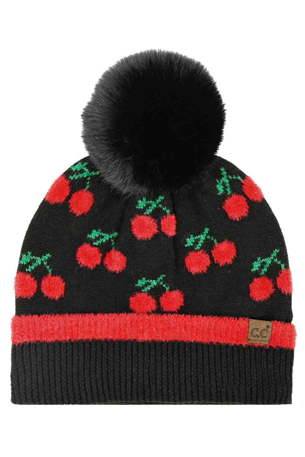 CC Beanie Cherry Pattern Pom Beanie Winter Hat