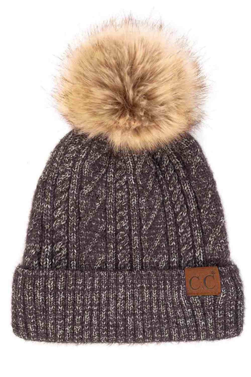 C.C Soft cuff Beanie in Mixed Cable Pattern with Faux Fur Pom